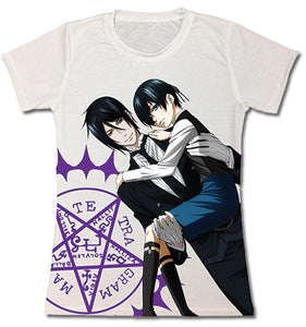 Black Butler 2 Sebastian Holds Up Ciel Magic Logo Juniors Official Sublimation T-Shirt